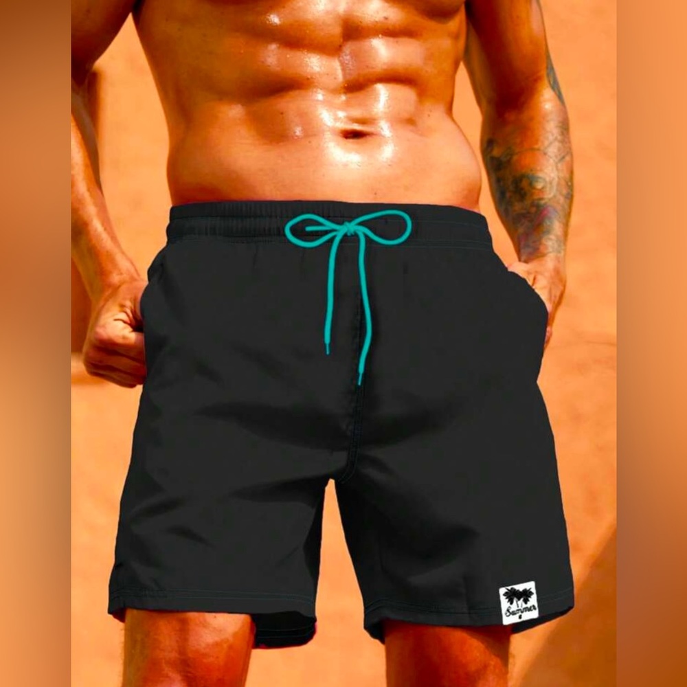 MANFINITY Black Swim Trunks with Teal Drawstring